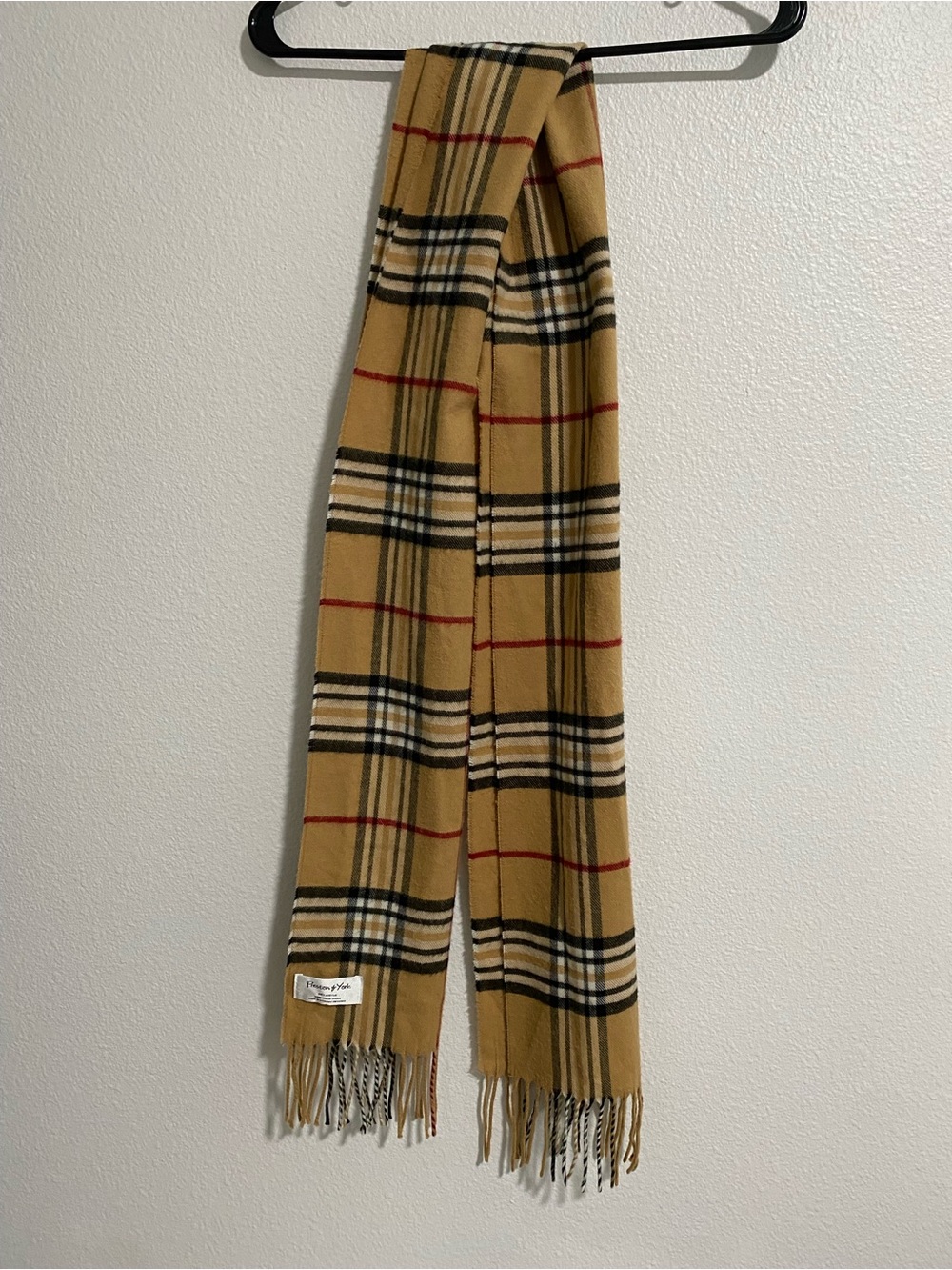 Preston & York Tan Plaid Fringe Scarf 100% Acrylic 11”x73” Made in Germany EUC